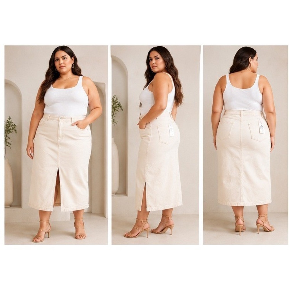 Good American Denim Midi Skirt Women 28 Plus Ecru Minimalist High Rise Slit New